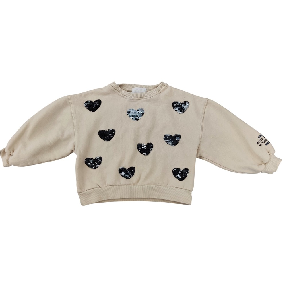 Zara Sweatshirt Girls 7 Beige Sequin Heart Reversible Pullover Graphic Sleeve